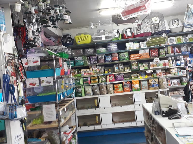 Inside Pet Care: packed shelves of food, accessories and small-animal supplies with the counter at the back